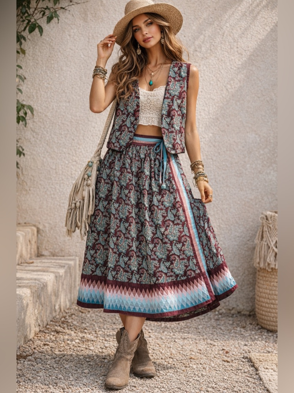 Handmade Paisley Wrap Skirt & Vest Set | Cotton | Boho Cottagecore